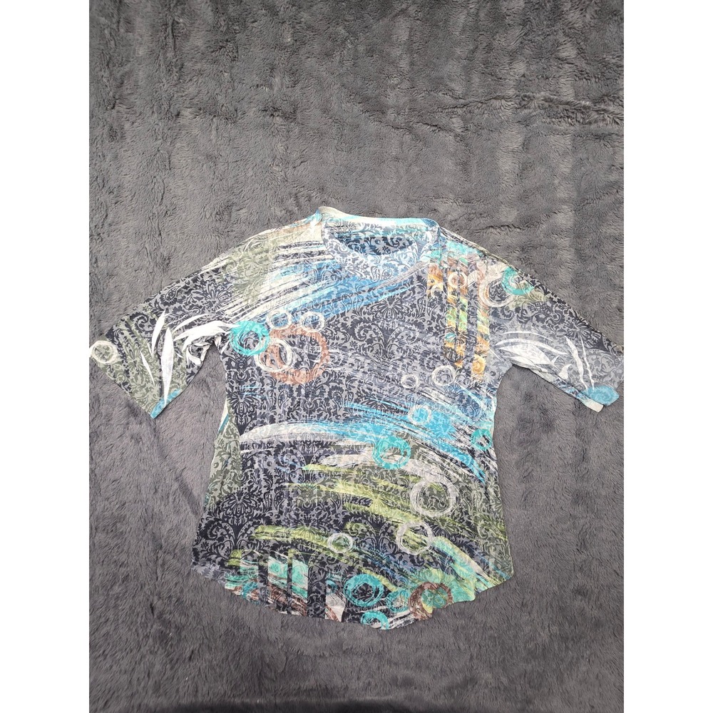 KM Women Multi Color Abstract Damask Print 3/4 Sleeve Sheer Top Small Madein USA